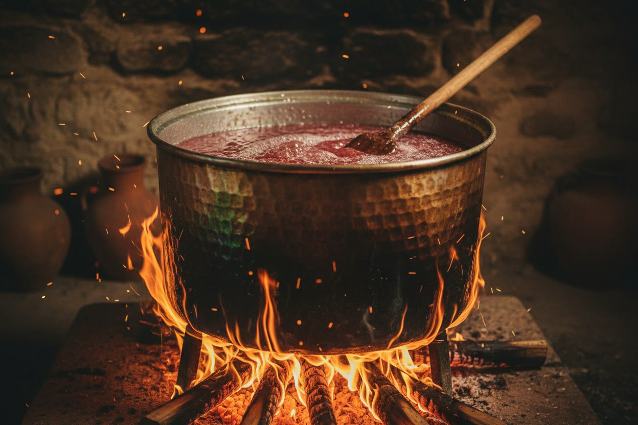 Odun ateşi üzerinde bakır kazanda kaynayan lokum, köz ışığında yakın çekim